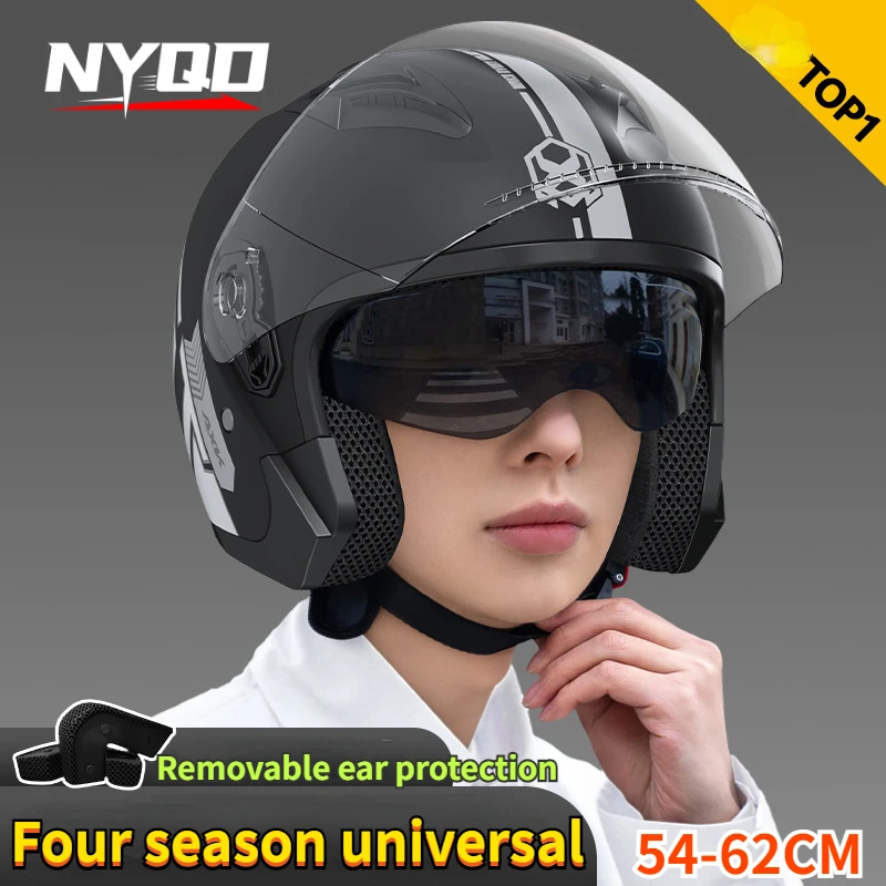 Dual Visor Motorcycle Racing Helmet - 男性と女性のためのレトロなオートバイのヘルメット,4シーズン,3/4オープンフェイス,デュアルバイザー,ユニセックス,モトクロス,レーシング,保護,冬