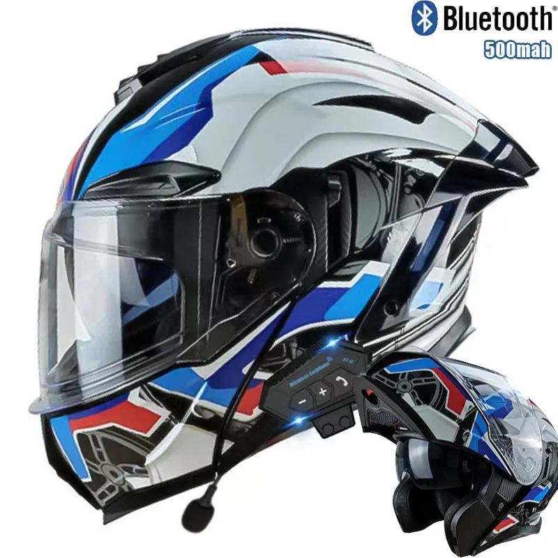 Full Face Motorcycle Helmet With Bluetooth - フリップアップオートバイヘルメット Bluetooth デュアルレンズオフロードレーシングヘルメット Cascos パラモトバイクヘルメット DOT