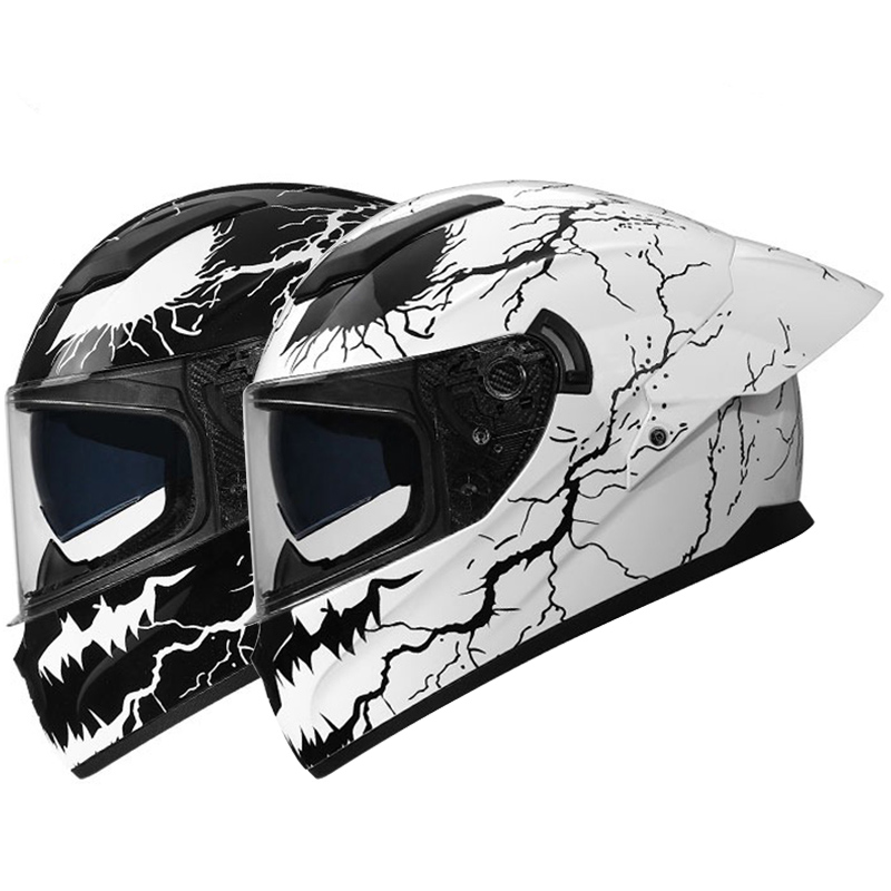 Dual Visor Motorcycle Racing Helmet - デュアルバイザー、大型リアスポイラー、カスコ・モト・レーシング、バイク用ヘルメット、フルフェイスヘルメット、ファッション性の高いグラフィックプリント、稲妻模様