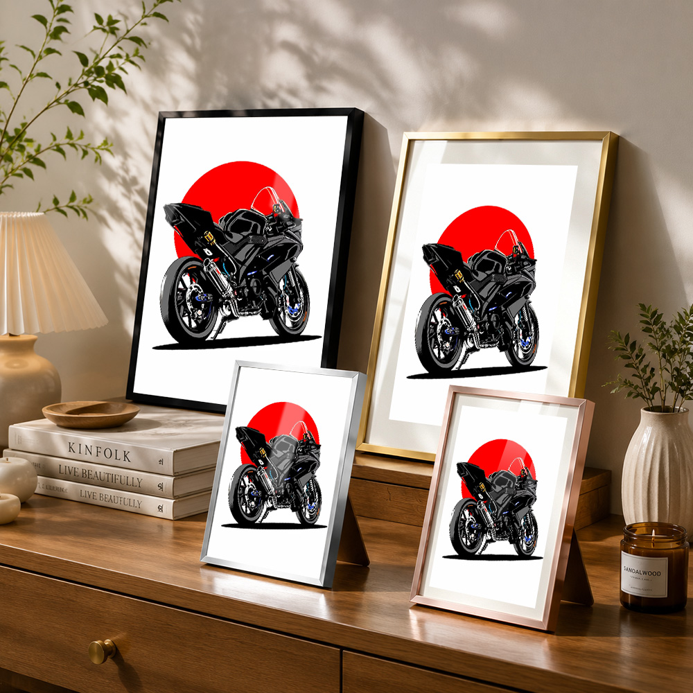 黒いスポーツバイク、赤い太陽をモチーフにしたアルミ製の金属ポ - Riding Gear のレビューと価格